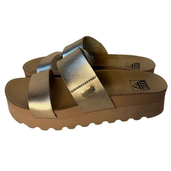 Reef Cushion Hi Vista Hi Platform Women Gold Tan Strap Slip On Slide Sandal 7.5 - Picture 2 of 7